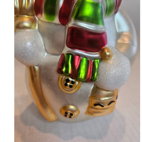 Large Glass Hand painted Snowman Christmas Ornament Glossy Sparkly Finish 9"x6" - Picture 4 of 8